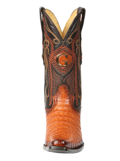El General Men's Exotic Caiman Belly Cowboy Boot - Versace Toe - Cognac 45080