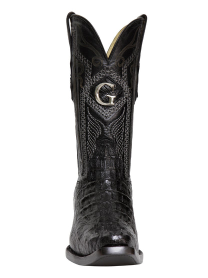 El General Men's Exotic Caiman Hornback Cowboy Boots - Versace Toe - Black 45081