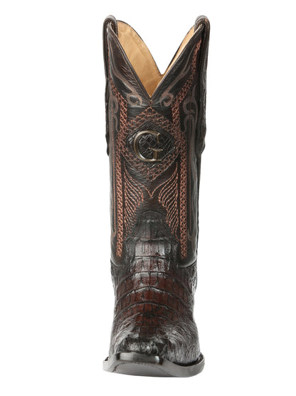 El General Men's Exotic Caiman Hornback Cowboy Boot -Versace Toe - Brown 45082