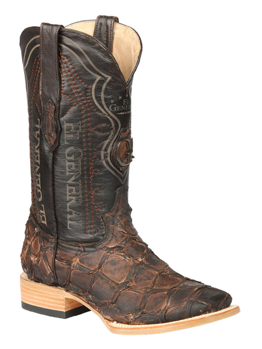 El General Men's Square Toe Exotic Pirarucu Monster Fish Cowboy Boot  - Brown 45084