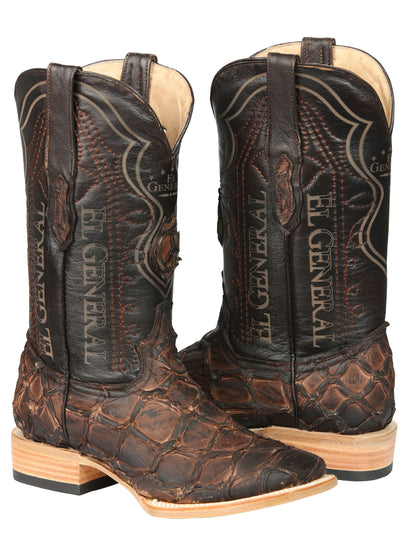 El General Men's Square Toe Exotic Pirarucu Monster Fish Cowboy Boot  - Brown 45084