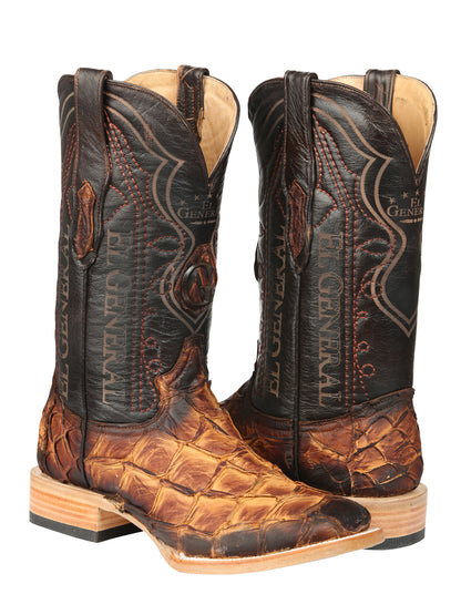 El General Men's Square Toe Exotic Pirarucu Monster Fish Cowboy Boot - Cognac 45085