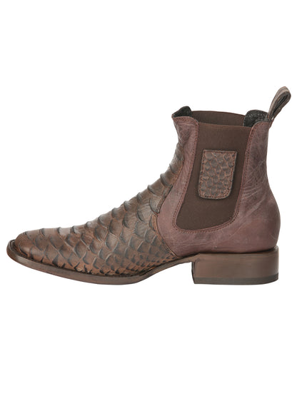 El General Men’s Square Toe Python Print Leather Ankle Boots - Brown 45092