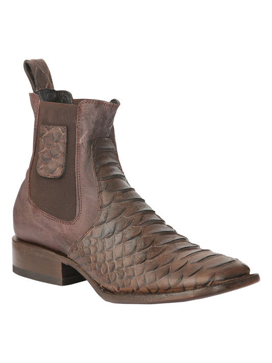 El General Men’s Square Toe Python Print Leather Ankle Boots - Brown 45092