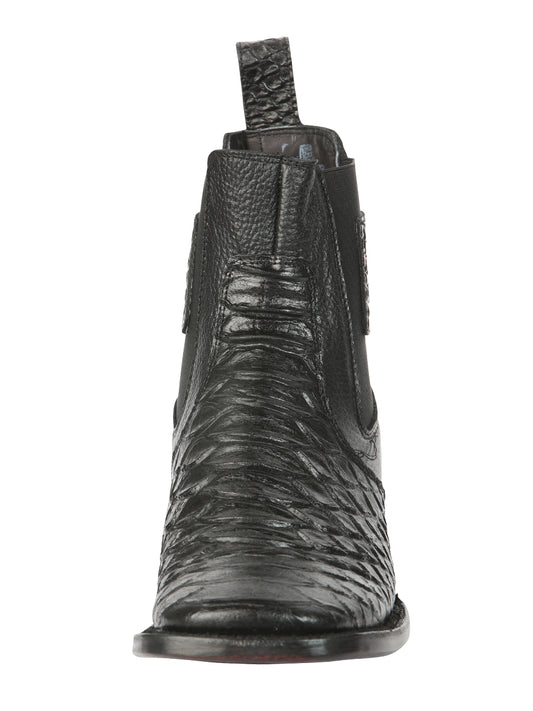 El General Men’s Square Toe Python Print Leather Ankle Boots - Black 45093