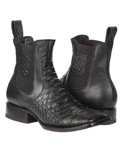 El General Men’s Square Toe Python Print Leather Ankle Boots - Black 45093