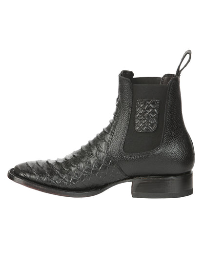 El General Men’s Square Toe Python Print Leather Ankle Boots - Black 45093