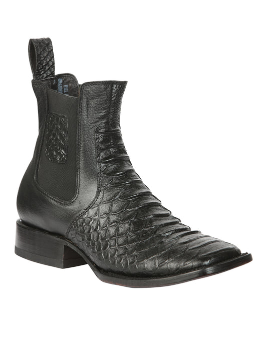 El General Men’s Square Toe Python Print Leather Ankle Boots - Black 45093