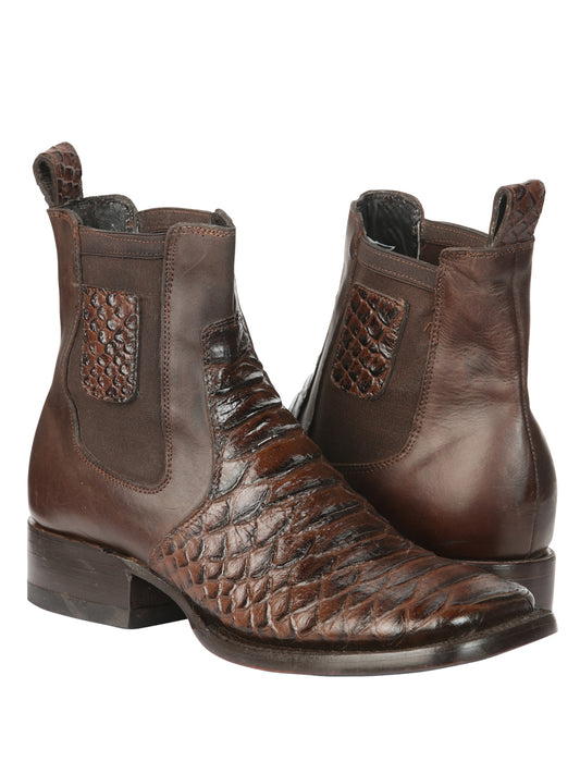 El General Men’s Square Toe Python Print Leather Ankle Boots - Brown 45094