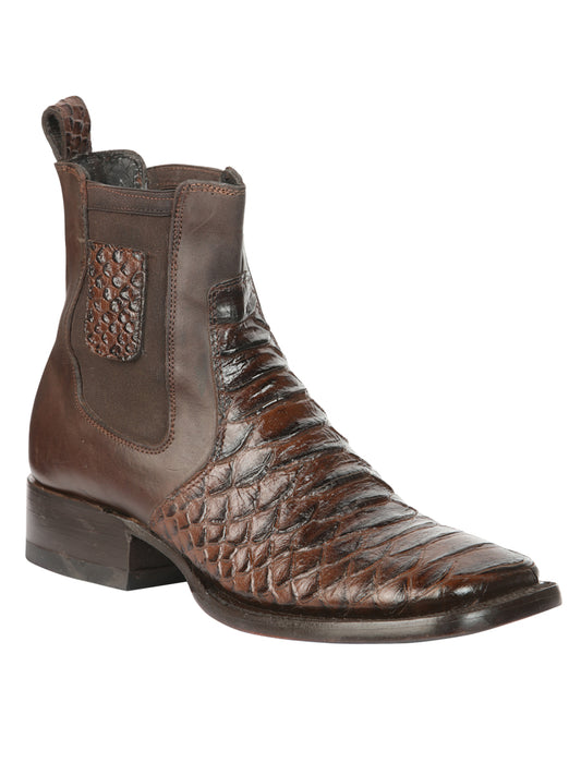 El General Men’s Square Toe Python Print Leather Ankle Boots - Brown 45094
