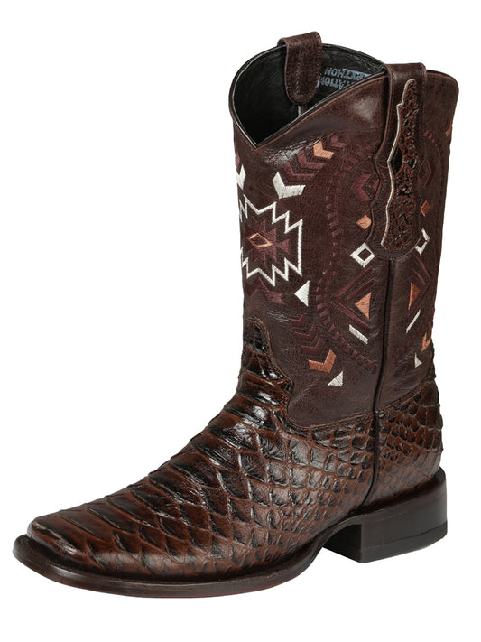 El General Men’s Square Toe Python Print Leather Cowboy Boots - Brown 45095