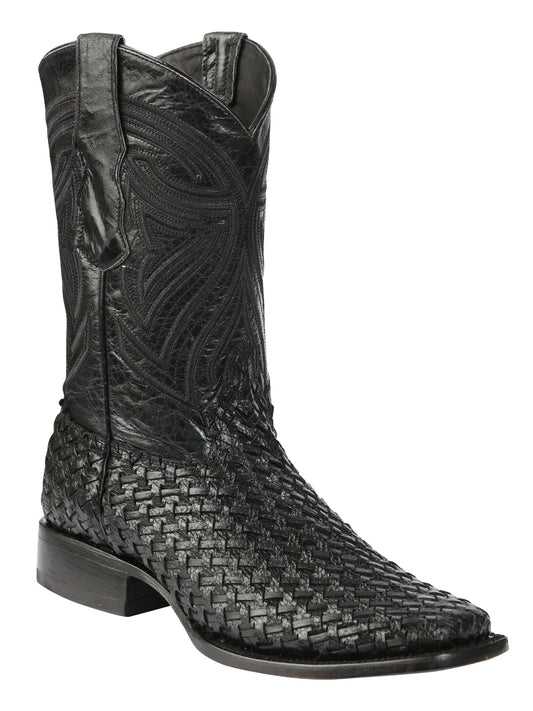 El General Men's Leather Square Toe Cowboy Boots - Petatillo/Woven Pattern - Black 45096