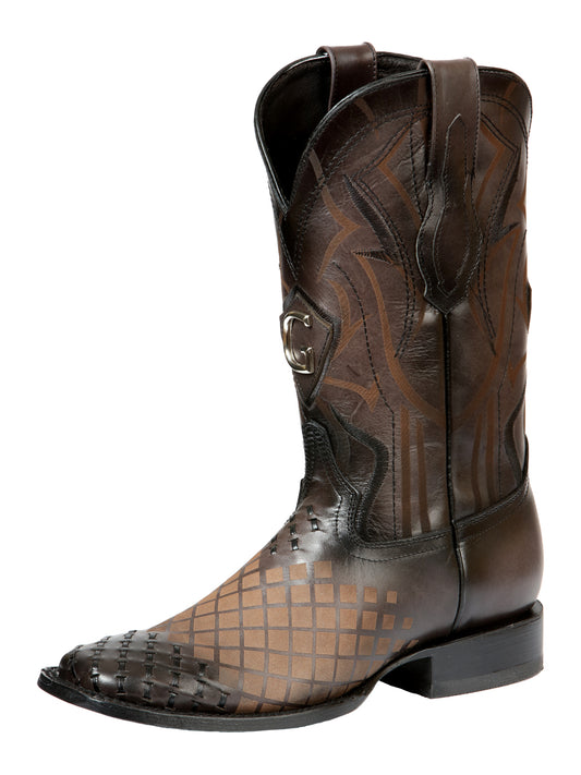 El General Men's Square Toe Cowboy Boots -Woven/Laser Engraved- Dark Brown 45172