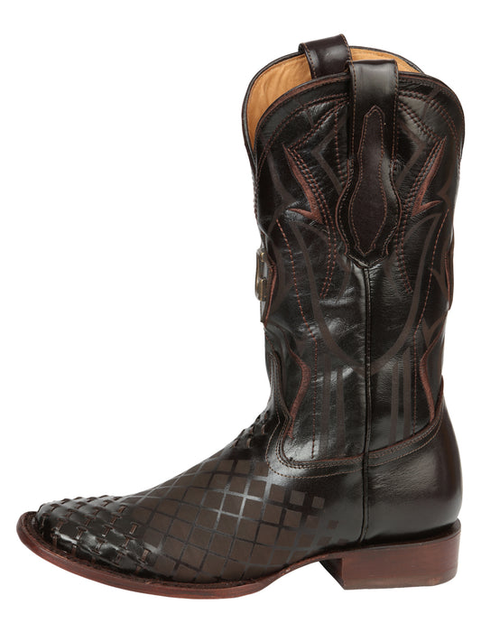 El General Men's Square Toe Cowboy Boots - Woven/Laser Engraved Leather - Brown 45173