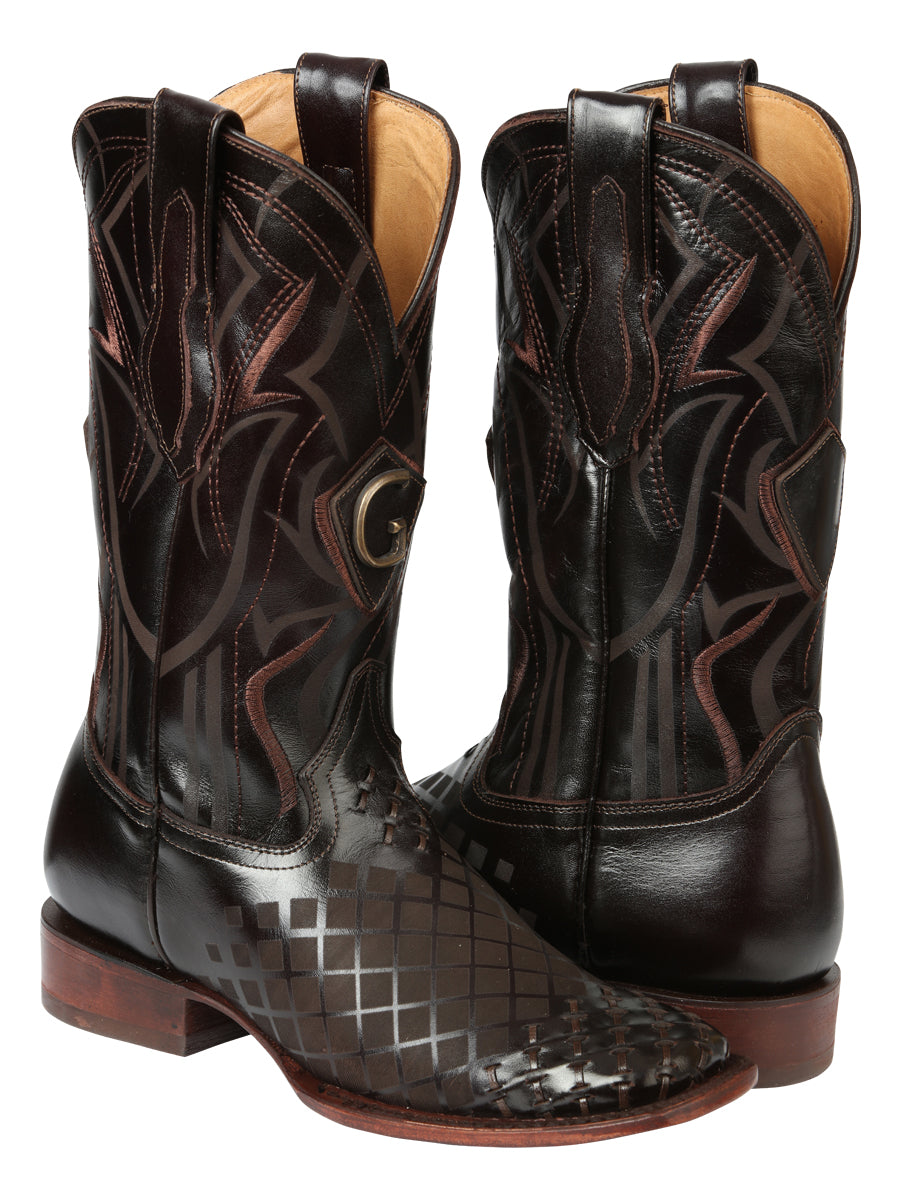 El General Men's Square Toe Cowboy Boots - Woven/Laser Engraved Leather - Brown 45173