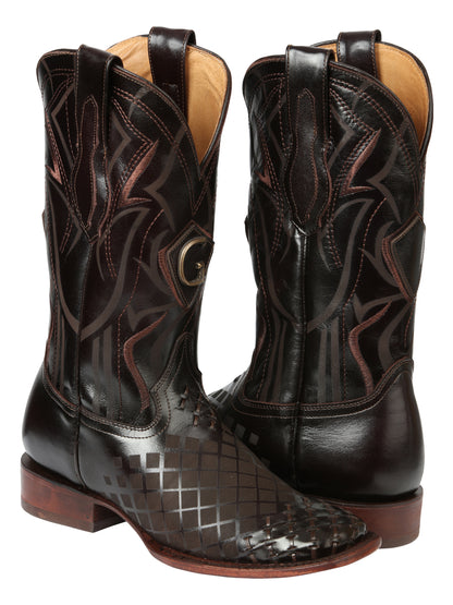 El General Men's Square Toe Cowboy Boots - Woven/Laser Engraved Leather - Brown 45173