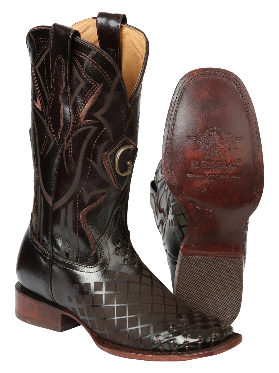 El General Men's Square Toe Cowboy Boots - Woven/Laser Engraved Leather - Brown 45173