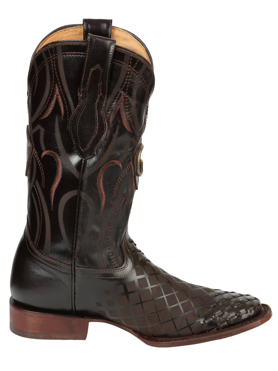 El General Men's Square Toe Cowboy Boots - Woven/Laser Engraved Leather - Brown 45173