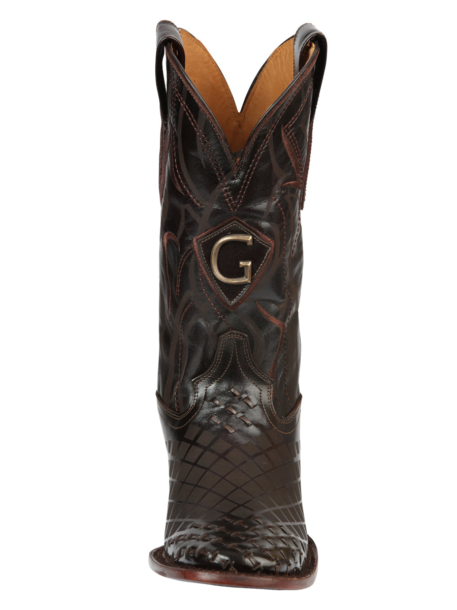 El General Men's Square Toe Cowboy Boots - Woven/Laser Engraved Leather - Brown 45173