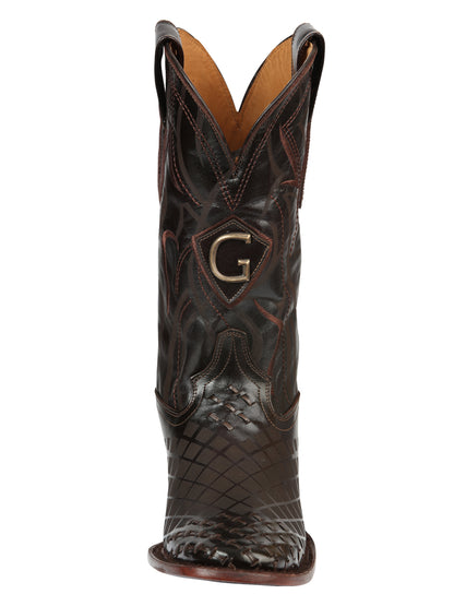 El General Men's Square Toe Cowboy Boots - Woven/Laser Engraved Leather - Brown 45173