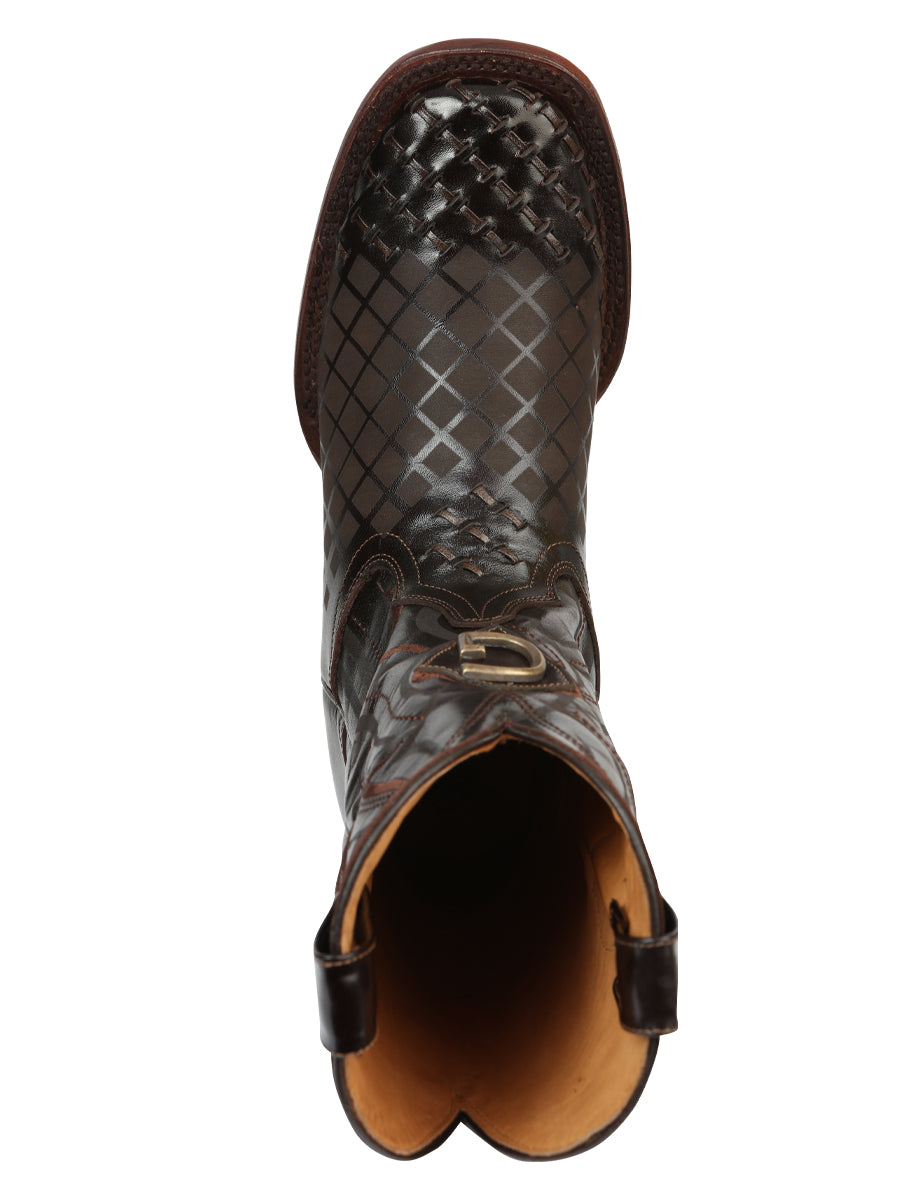 El General Men's Square Toe Cowboy Boots - Woven/Laser Engraved Leather - Brown 45173