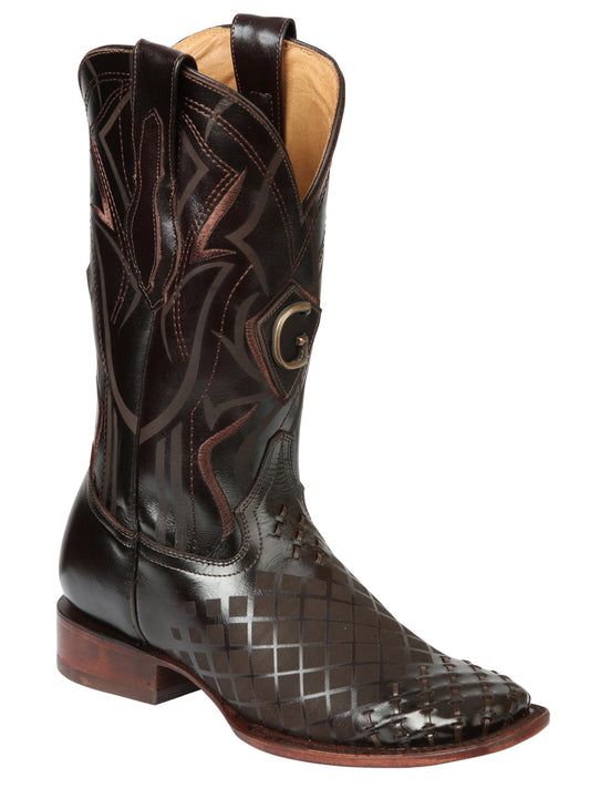 El General Men's Square Toe Cowboy Boots - Woven/Laser Engraved Leather - Brown 45173