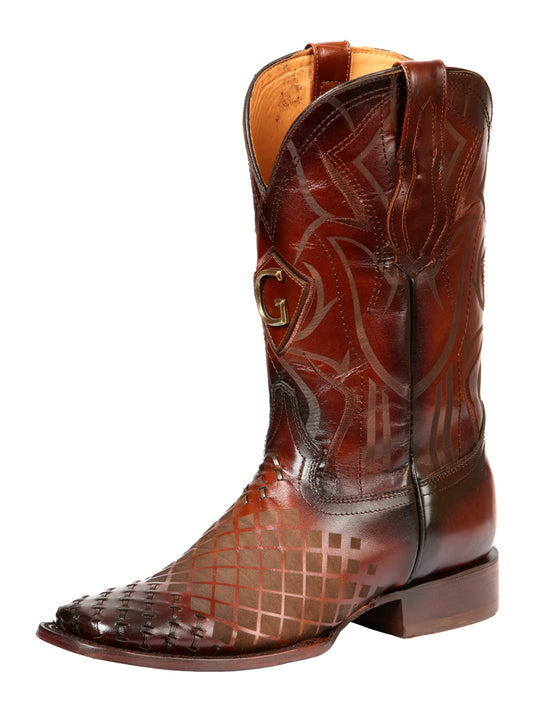 El General Men's Square Toe Cowboy Boots -Woven/Laser Engraved - Tabacco 45174