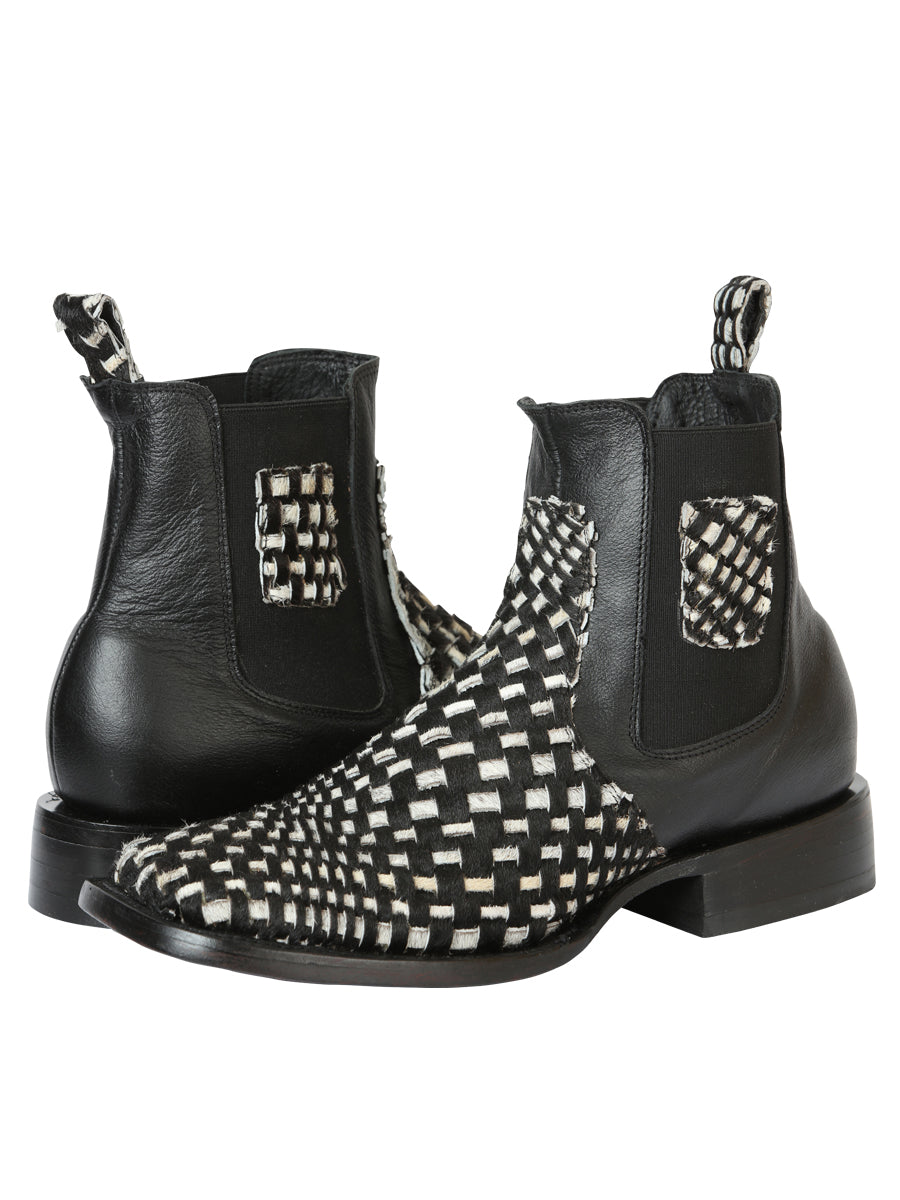 El General Men’s Wide Square Toe Ankle Boots - Petatillo Woven Cow Hide - Black/White 45175