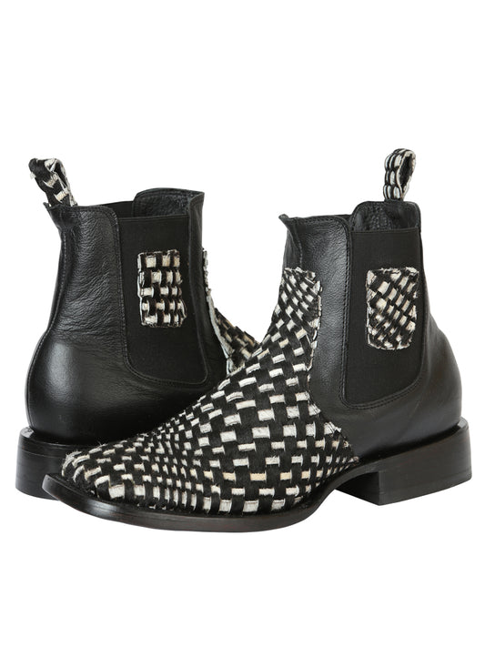El General Men’s Wide Square Toe Ankle Boots - Petatillo Woven Cow Hide - Black/White 45175