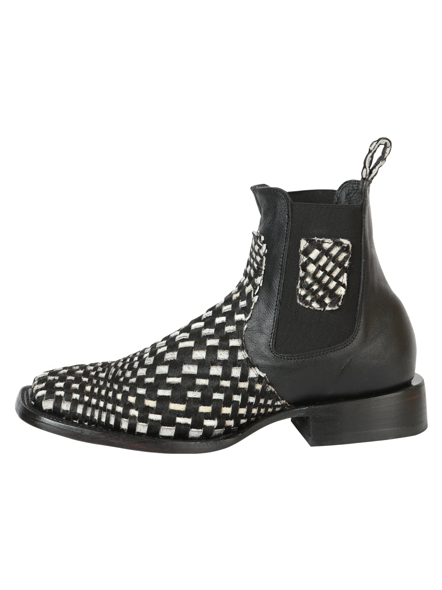 El General Men’s Wide Square Toe Ankle Boots - Petatillo Woven Cow Hide - Black/White 45175