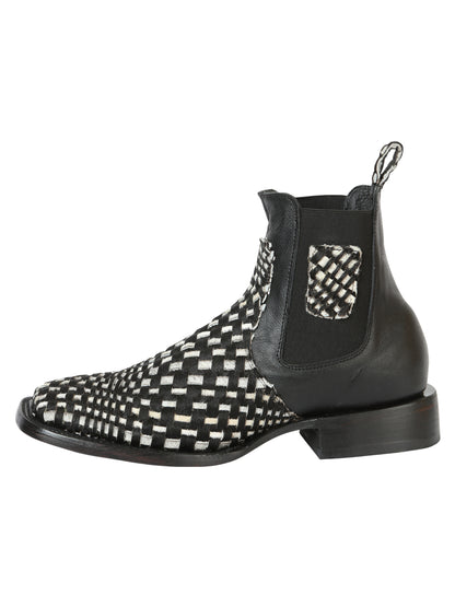 El General Men’s Wide Square Toe Ankle Boots - Petatillo Woven Cow Hide - Black/White 45175