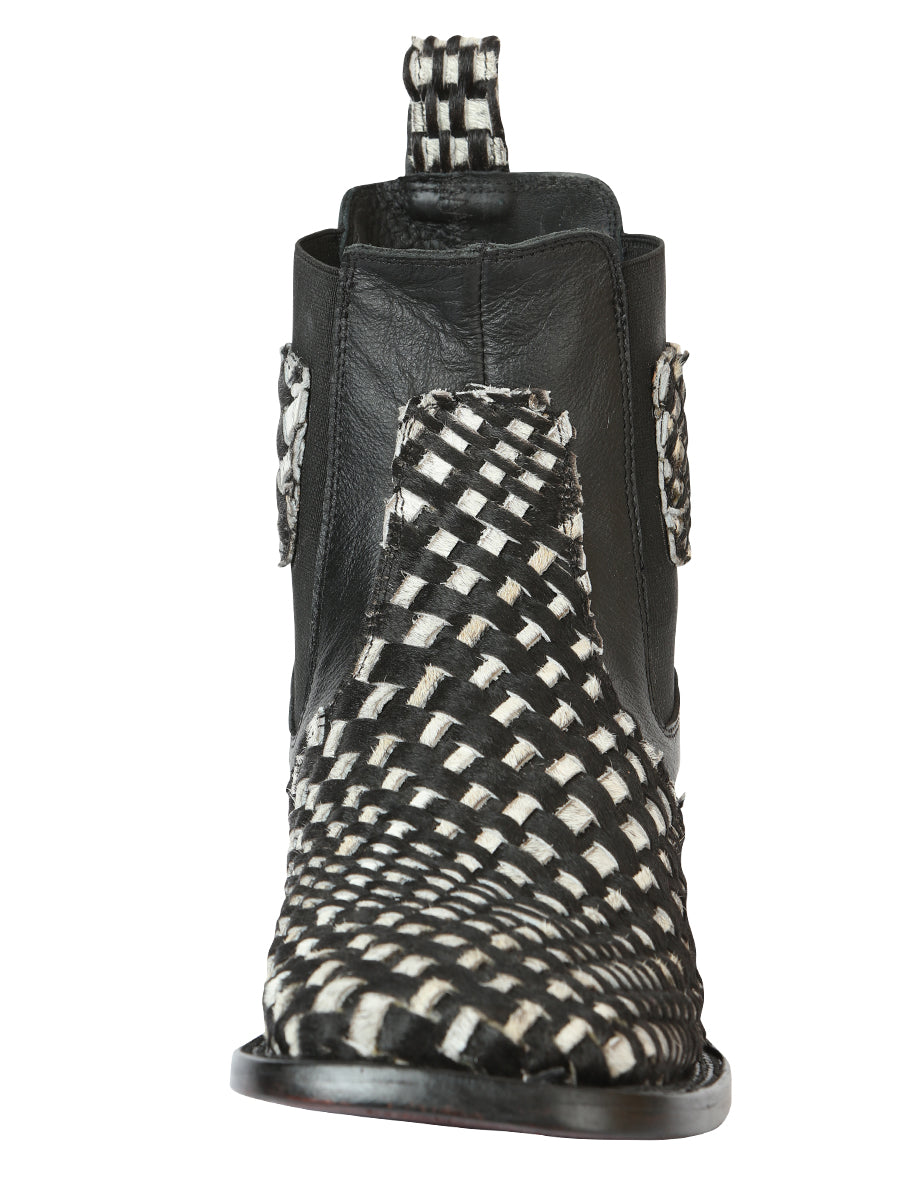 El General Men’s Wide Square Toe Ankle Boots - Petatillo Woven Cow Hide - Black/White 45175