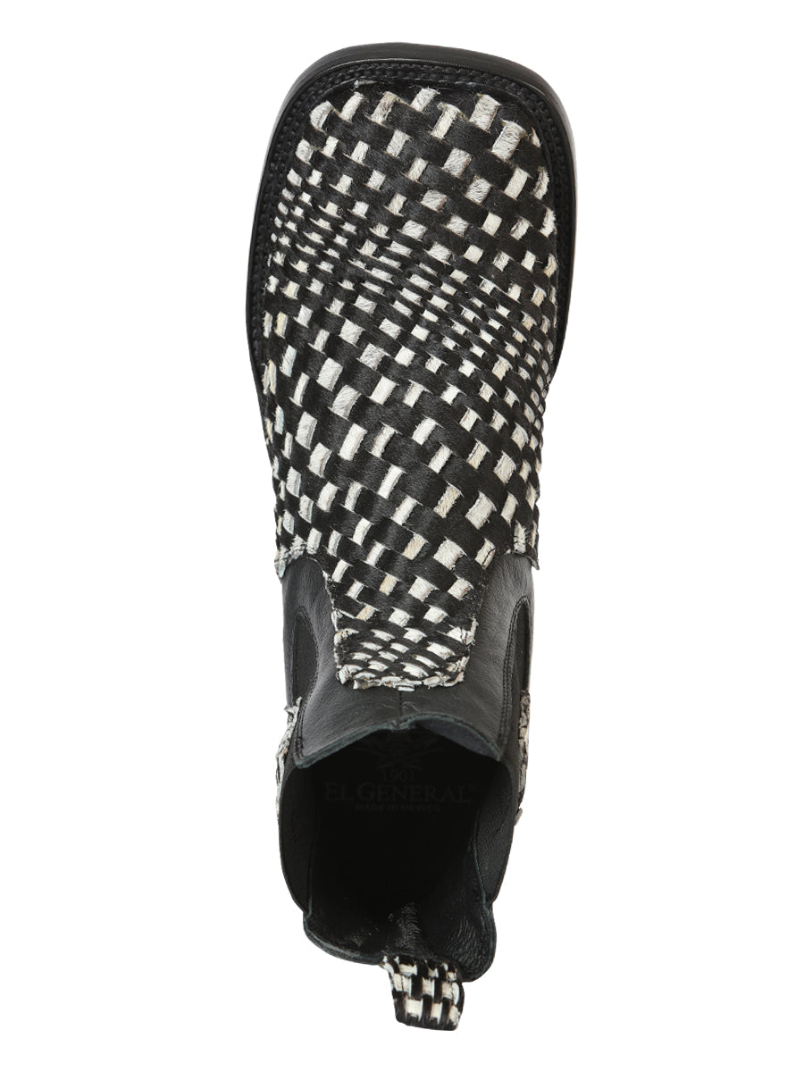 El General Men’s Wide Square Toe Ankle Boots - Petatillo Woven Cow Hide - Black/White 45175