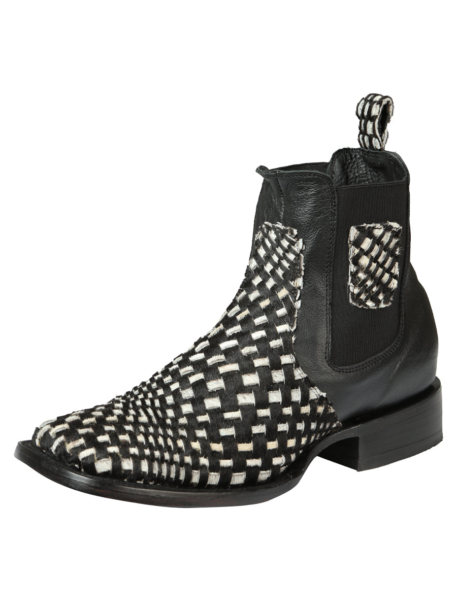 El General Men’s Wide Square Toe Ankle Boots - Petatillo Woven Cow Hide - Black/White 45175