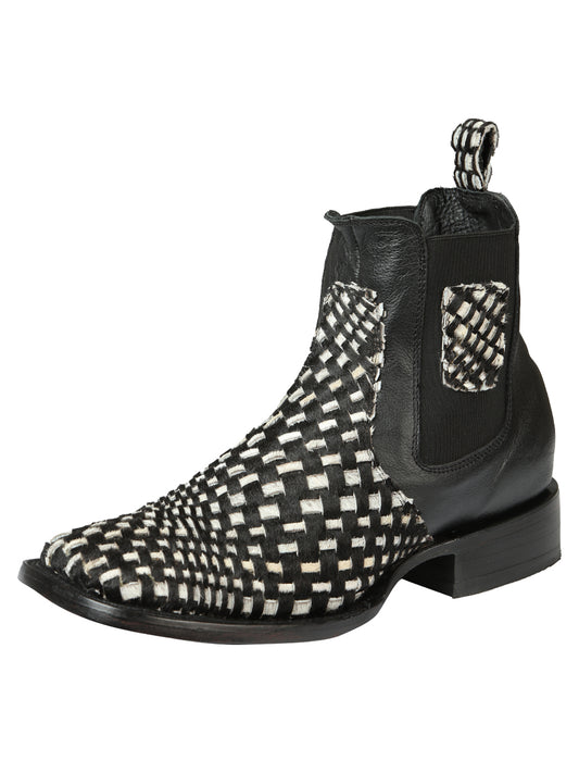 El General Men’s Wide Square Toe Ankle Boots - Petatillo Woven Cow Hide - Black/White 45175