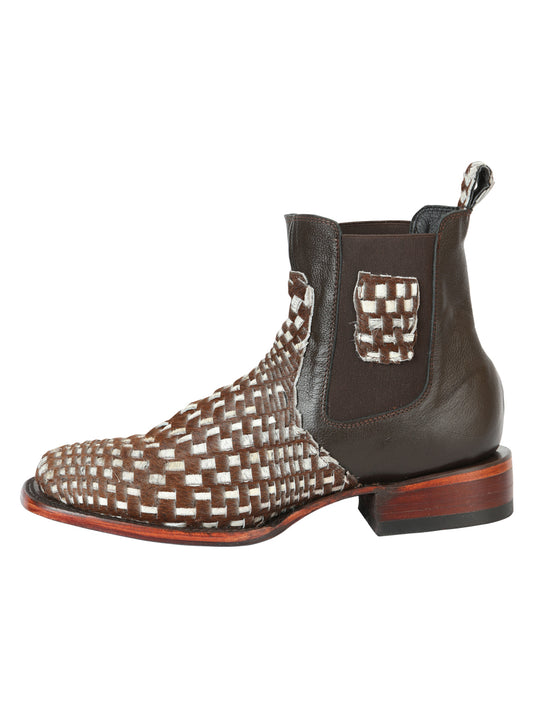 El General Men’s Wide Square Toe Ankle Boots  Woven Cow-Hide - Brown/White 45176