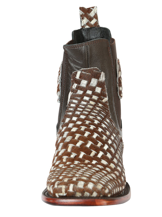 El General Men’s Wide Square Toe Ankle Boots  Woven Cow-Hide - Brown/White 45176