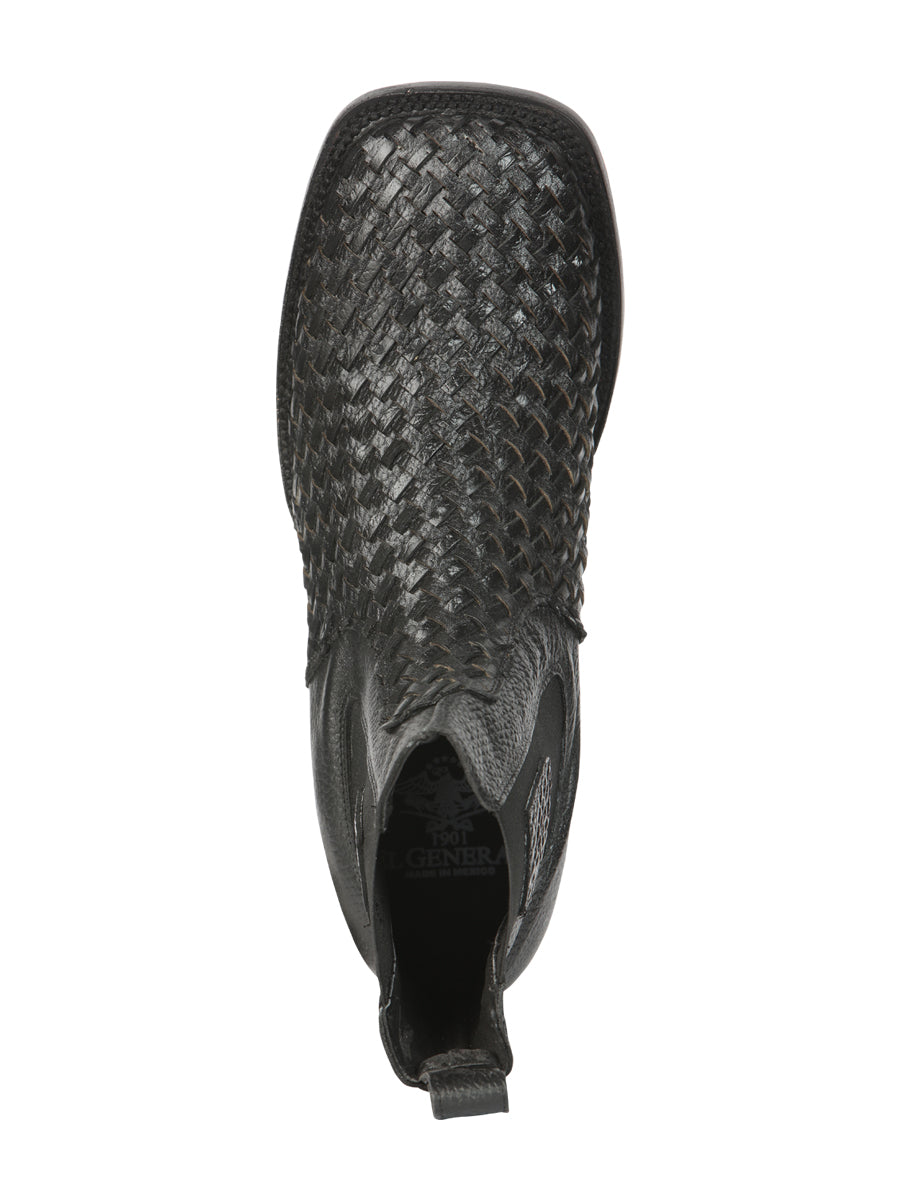 El General Men’s Wide Square Toe Black Petatillo Woven Ankle Boots 45181