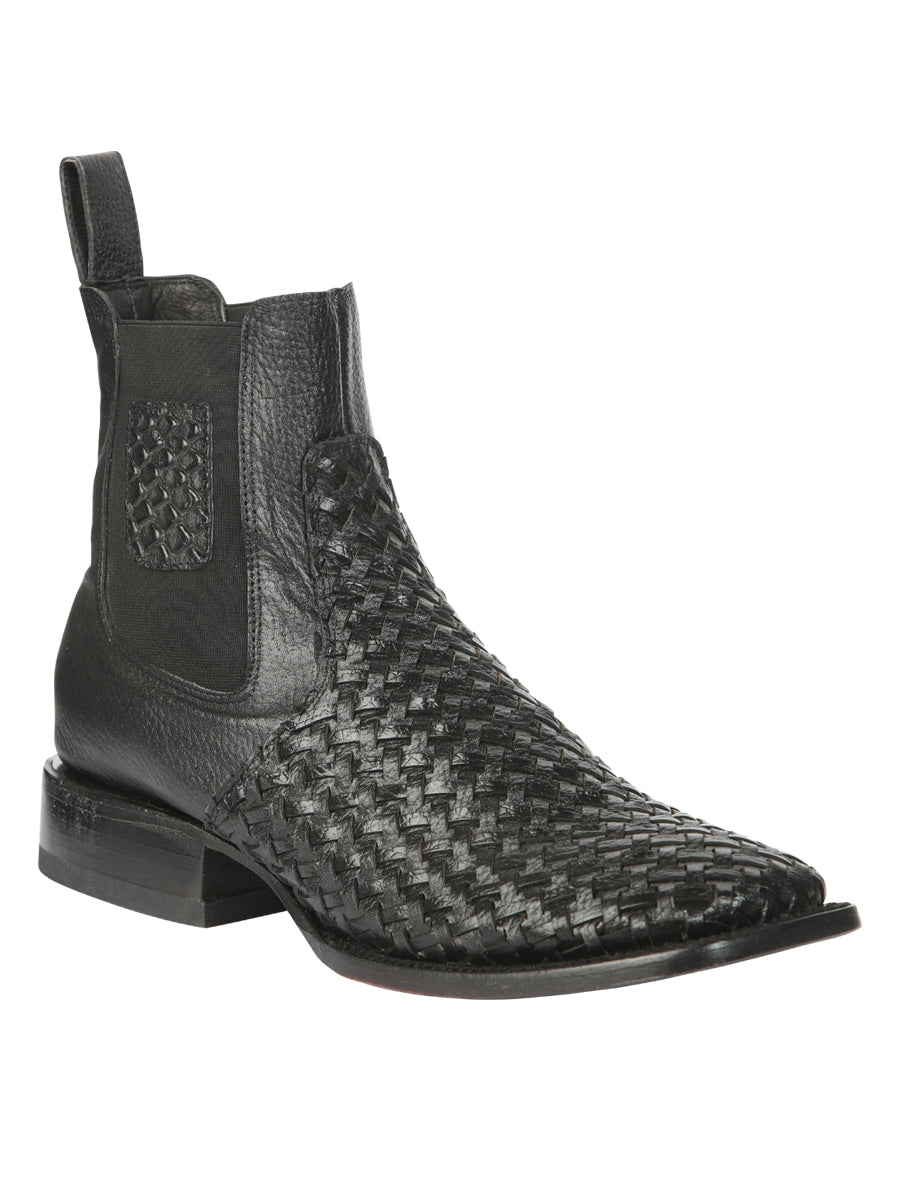 El General Men’s Wide Square Toe Black Petatillo Woven Ankle Boots 45181