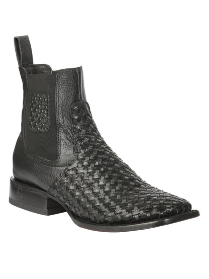 El General Men’s Wide Square Toe Black Petatillo Woven Ankle Boots 45181