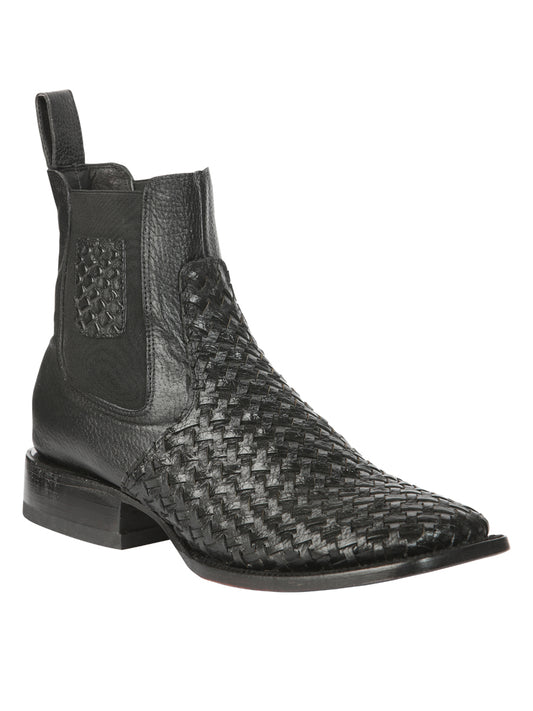 El General Men’s Wide Square Toe Black Petatillo Woven Ankle Boots 45181