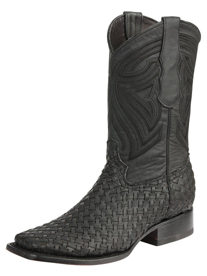 El General Men's Leather Square Toe Cowboy Boots - Petatillo/Woven Pattern  - Black 45400