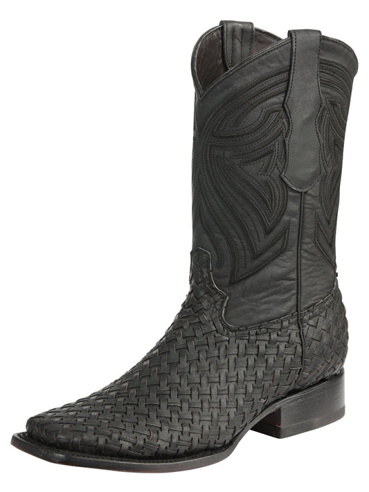 El General Men's Leather Square Toe Cowboy Boots - Petatillo/Woven Pattern  - Black 45400
