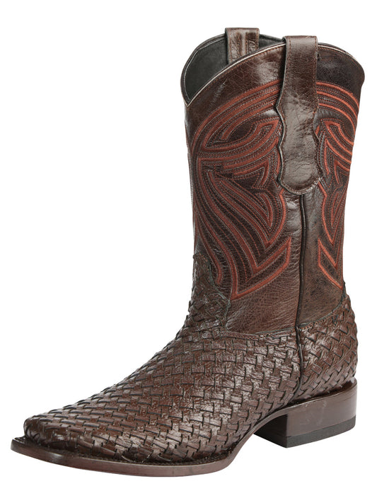 El General Men's Leather Square Toe Cowboy Boots - Petatillo/Woven Pattern  - Brown 45401
