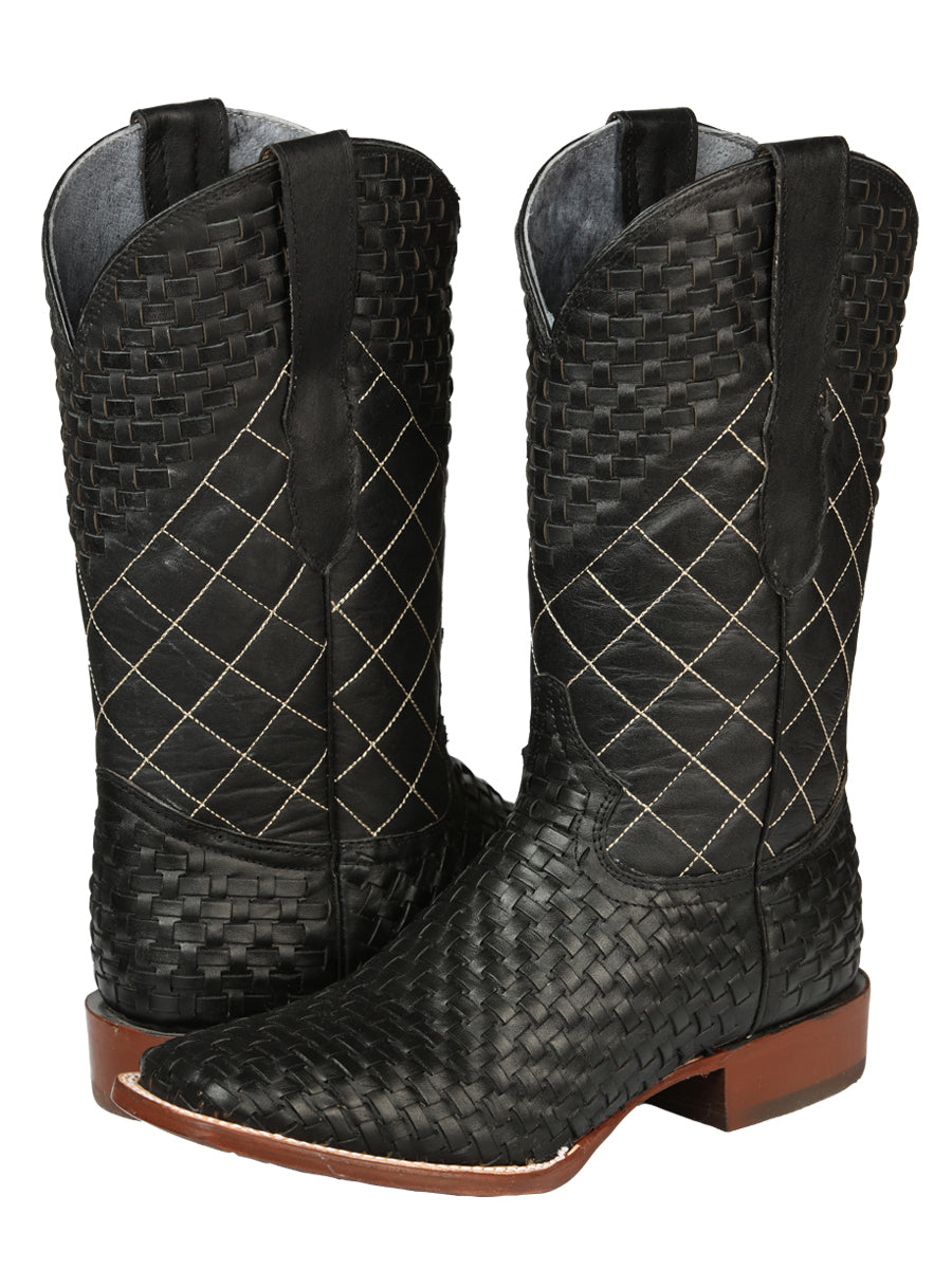 El General Men's Leather Square Toe Cowboy Boots - Petatillo/Woven Pattern  - Black 45438