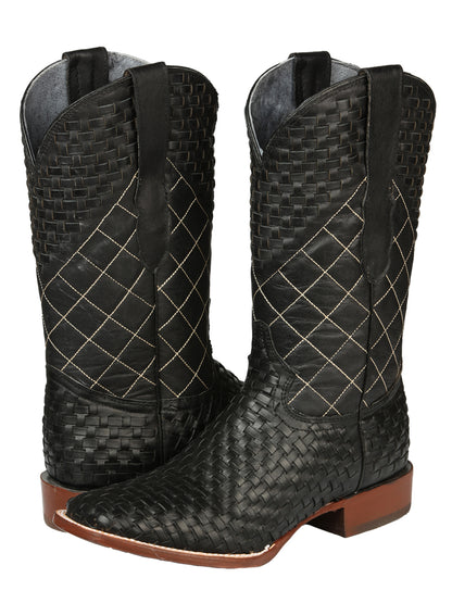 El General Men's Leather Square Toe Cowboy Boots - Petatillo/Woven Pattern  - Black 45438