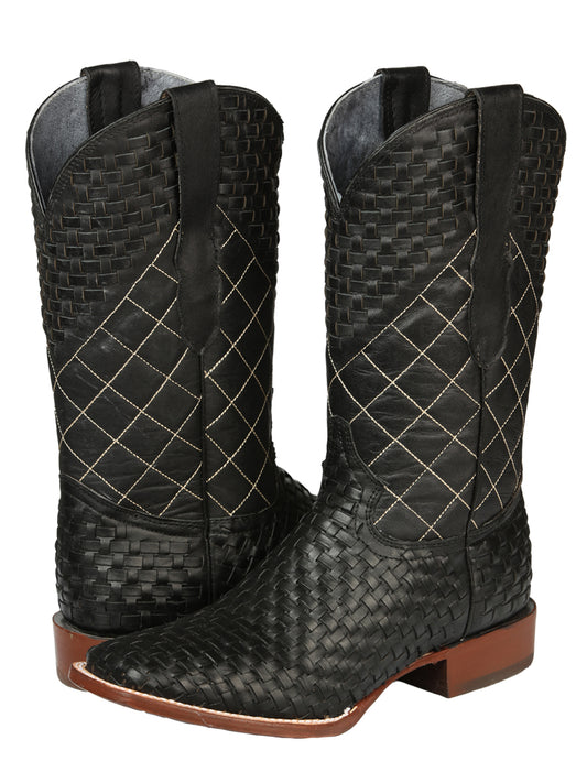 El General Men's Leather Square Toe Cowboy Boots - Petatillo/Woven Pattern  - Black 45438