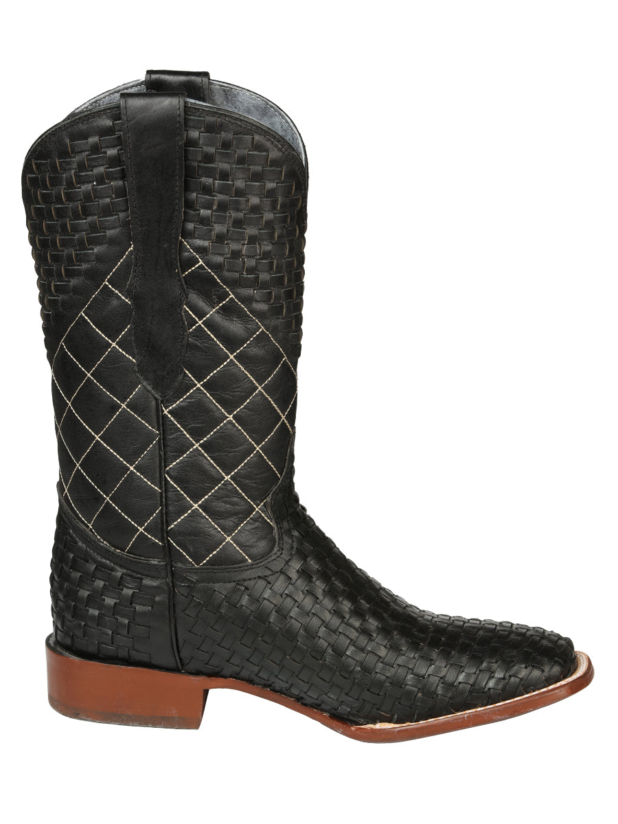 El General Men's Leather Square Toe Cowboy Boots - Petatillo/Woven Pattern  - Black 45438