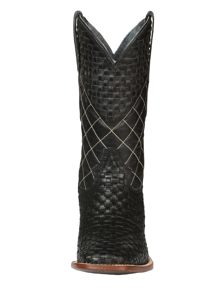 El General Men's Leather Square Toe Cowboy Boots - Petatillo/Woven Pattern  - Black 45438