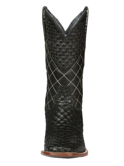 El General Men's Leather Square Toe Cowboy Boots - Petatillo/Woven Pattern  - Black 45438